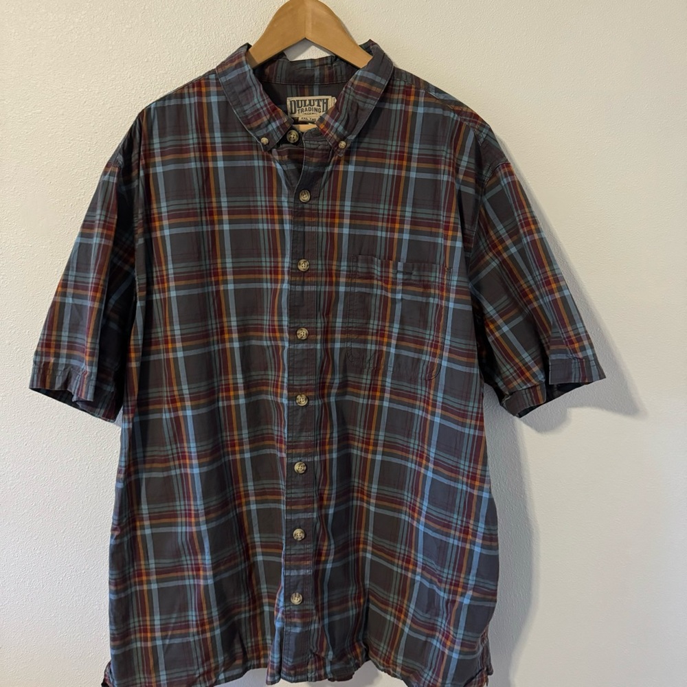 Duluth Trading BBQ Relaxed Fit Short Sleeve Shirt Gray Red Plaid 2020-2XL Tall